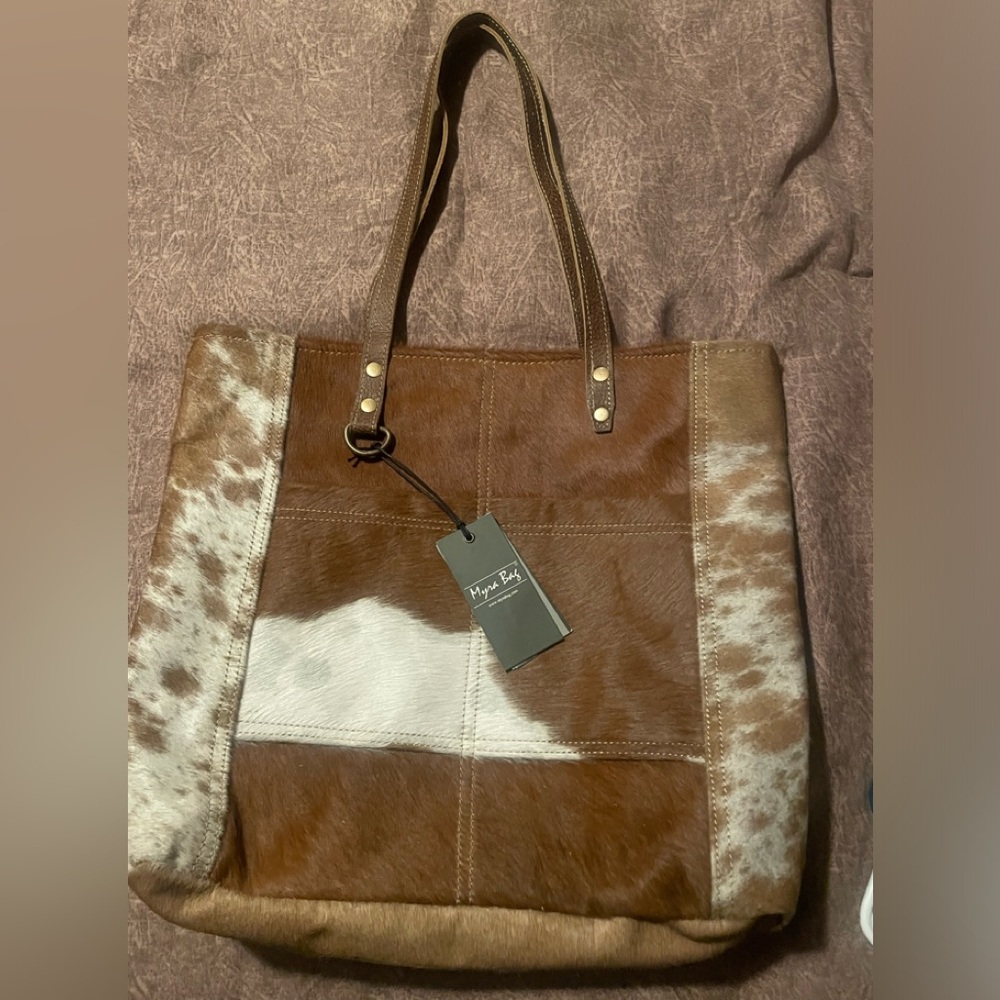 Myra s-1428 caramel cow hairon front pocket double handle tote bag. 15x17 nwt